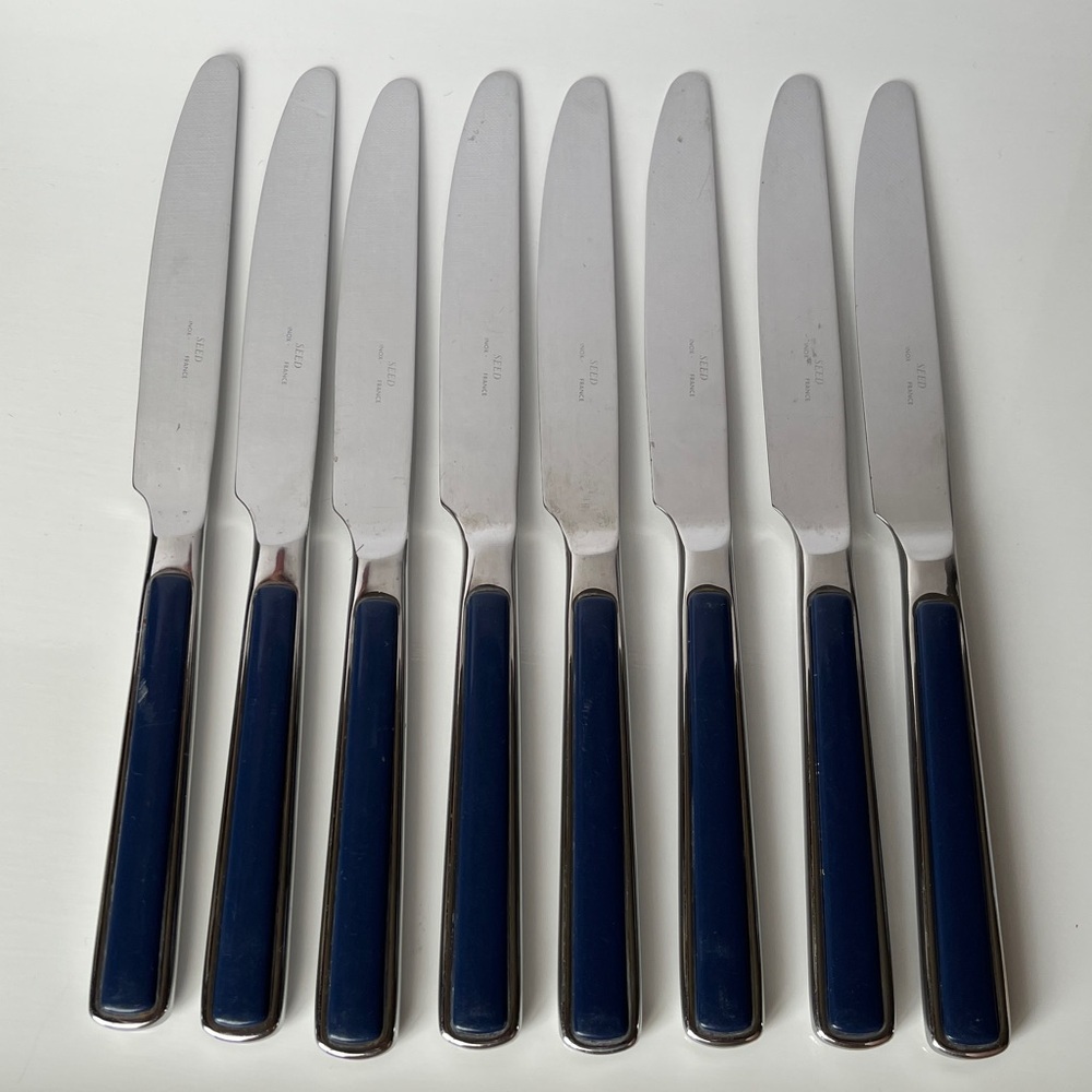 Set of 8 Seed Inox France Stainless Steel Dinner Knives Blue Handle